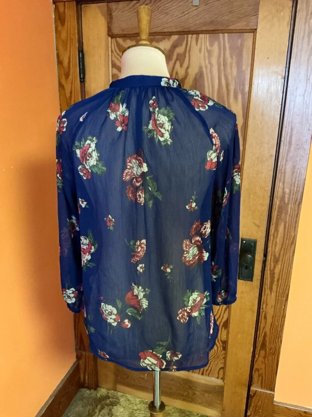 Lucky Brand Navy Floral Boho Blouse Tassel Tie Neck Sheer Peasant Top XS - Picture 8 of 10